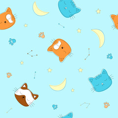 Seamless pattern with kittens, stars and constellations. Cute kids texture for fabric, textile, wrapping, apparel, wallpaper. Vector illustration. 