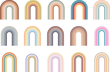 Collection retro rainbow shapes with colorful lines
