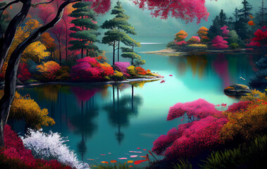 Fototapeta na wymiar A Tranquil Lake, Cradled by Nature's Palette of Beautiful Colors, as Vibrant Flowers Paint the Water landscape with Their Mesmerizing Beauty and Fragrant Whispers - AI Generated