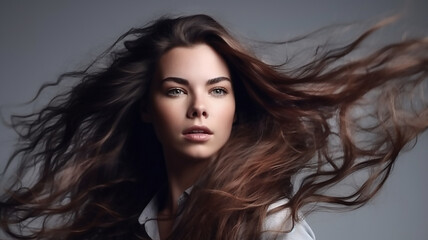 Naklejka premium Young brunette model with beautiful hair on grey ackground. A young girl with her hair flying , generative ai tools 