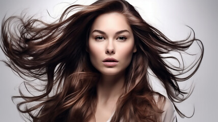 Fototapeta premium Young brunette model with beautiful hair on grey ackground. A young girl with her hair flying , generative ai tools 