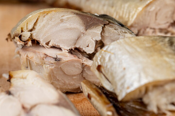 Fototapeta premium Smoked Atlantic mackerel cut into pieces