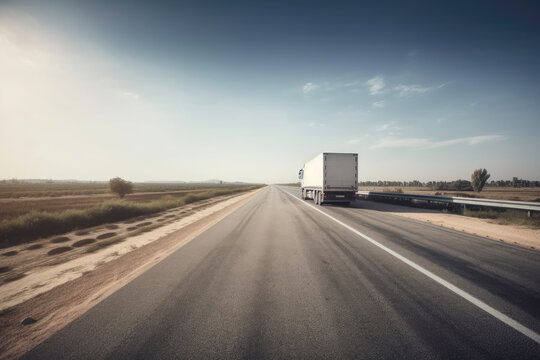 Rear view of white van semi truck drive on suburban asphalted highway road at summer day against blue sky, cargo transportation concept, created with Generative AI