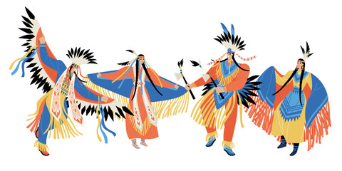 Dancing men and women in traditional Native American dress. Ethnic representation