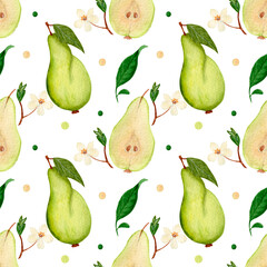 Watercolor seamless pattern, pear, bloom and dots on white background. Simple pattern for fabric, various products etc.