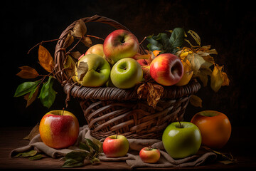 Naklejka na ściany i meble A basket full of apples. Generative AI