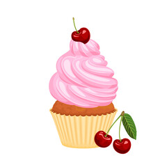 Cherry cupcake isolated on white background. Vector illustration of  cake with whipped cream and a cherry on top.