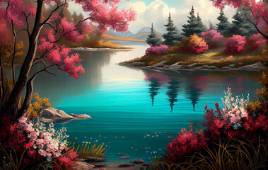 A Tranquil Lake, Cradled by Nature's Palette of Beautiful Colors, as Vibrant Flowers Paint the Water landscape with Their Mesmerizing Beauty and Fragrant Whispers - AI Generated