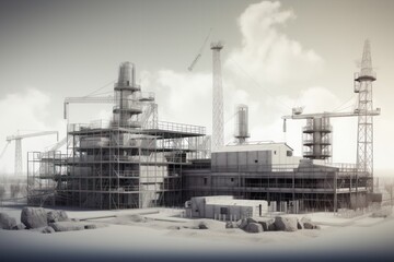 Generative AI illustration of an industrial landscape with cranes and buildings.
