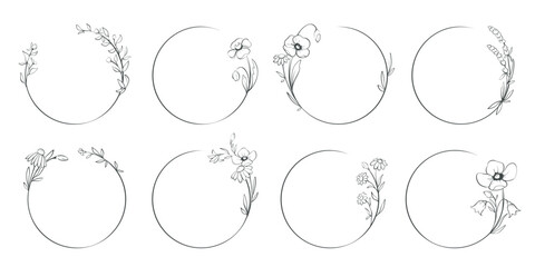 Fototapeta na wymiar Round frames, wild flower wreaths. Sketch in lines, freehand drawing. Vector illustration, summer flowers borders. 