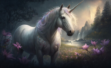Obraz na płótnie Canvas Unicorn standing in a peaceful grassland, Generative AI 