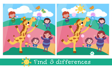 Find 8 hidden differences. Educational puzzle game for children. Cute giraffe with soap bubbles. Cartoon style illustration. Vector illustration.