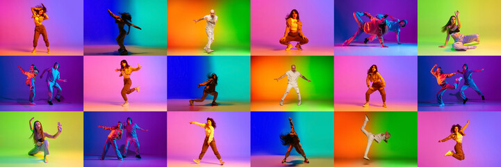 Collage. Different young people, men and women, professional dancers, performing hip-hop against multicolored background in neon light. Contemporary dance style, youth, hobby, action, motion concept
