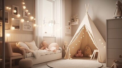 Kids room in light colors. Cozy kids room internal parts, scandinavian nordic organize with light wreaths and delicate pads. Creative resource, AI Generated