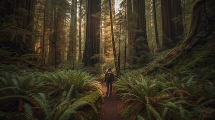 Fototapeta na wymiar Vagabond in a redwood timberland. Creative resource, AI Generated