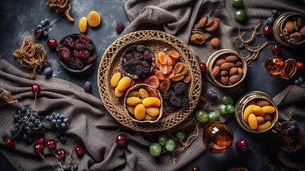 Eid al-Fitr event concept with sweet dried dates, standard things andgrades on shinning establishment. Creative resource, AI Generated