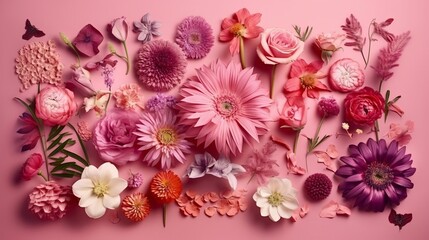 Amassed pink bloom border on pink foundation. Creative resource, AI Generated