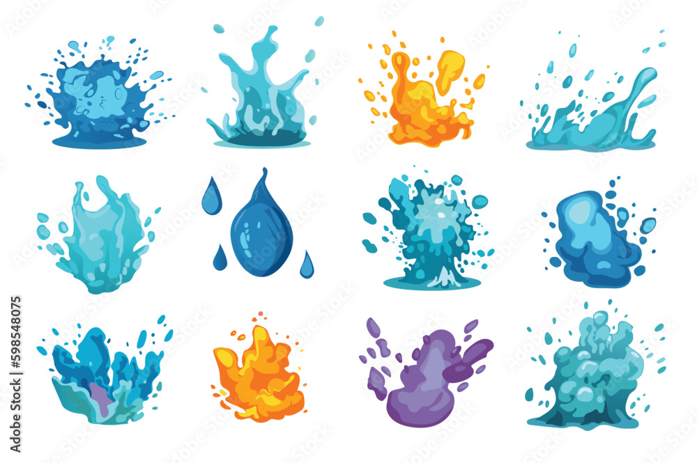 Poster splash explosion drops set. a set of flat cartoon designs featuring colorful and dynamic splash expl