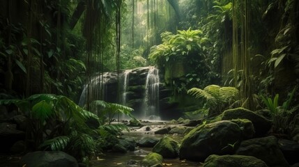 waterfall in a tropical wild. Creative resource, AI Generated