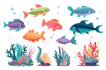 Ocean fish set. A flat, cartoon-style design featuring a set of colorful ocean fish swimming in an underwater background. Vector illustration.