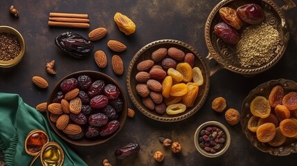 Fototapeta premium Eid al-Fitr occasion concept with sweet dried dates, standard things andgrades on shinning foundation. Creative resource, AI Generated