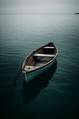 a small rowing boat is floating alone on the water and there is nothing around, generative ai