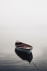 Naklejka premium a small rowing boat is floating alone on the water and there is nothing around, generative ai