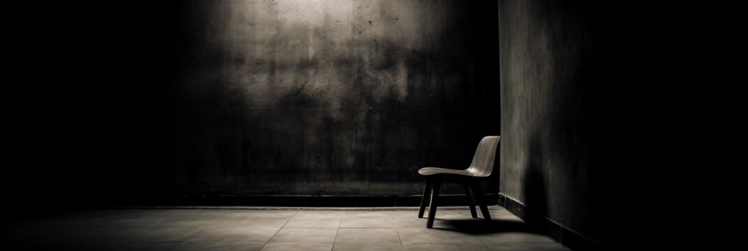 single chair in a dark room like a torture chamber or interrogation room, banner, header, wallpaper, fictional interior made with generative ai