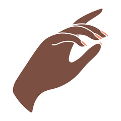 Female hand with elegant manicure. Arm of a black woman. Reach for something. Non-verbal language. Palm down perspective. Finger pointing. Delicate minimalist illustration in boho style.