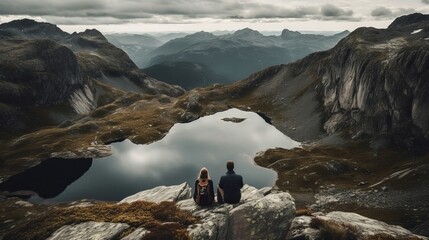 picture of a few of on best of a mountain looking at an snow capped lake. Creative resource, AI Generated