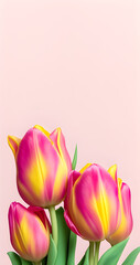 Beautiful composition of spring flowers. Bouquet of tulips on a pastel white background. Valentine's Day, Easter, Birthday, Women's Day, Mother's Day. Copy space, generative ai	