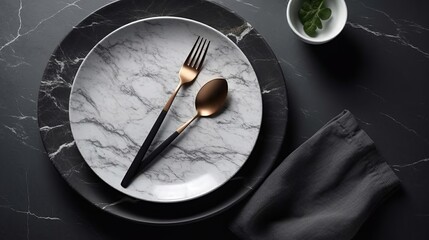 White plate and cutlery on stone table. Table setting, level lay picture. Creative resource, AI Generated