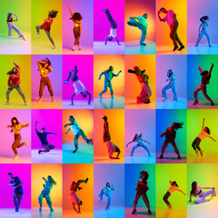 Collage made of different young people expressively dancing hip-hop against multicolored background in neon light. Concept of contemporary dance style, youth, hobby, action and motion - obrazy, fototapety, plakaty