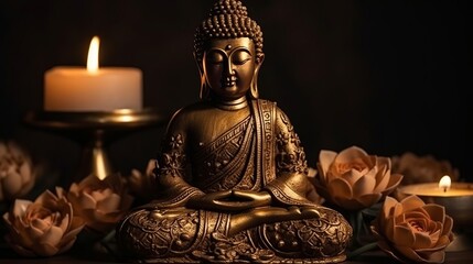 Fototapeta premium Buddha statue in reflection with lotus make and burning candles. Creative resource, AI Generated