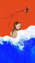 Contemporary art collage with beautiful red haired girl laying on sand and covered the ocean like a...