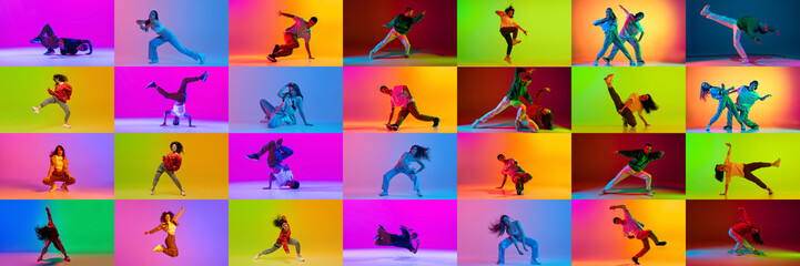 Collage made of talented young people, boys and girls dancing contemp, hip-hop against multicolored...