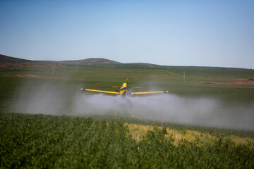 Close up image of crop duster airplane spraying grain crops on a field on a farm