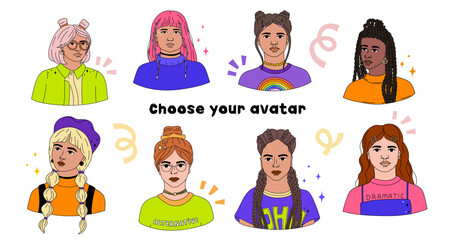 Avatar макетиCollection of lined girls' avatars in bold modern style. Vibrant portrait. Gen Z.