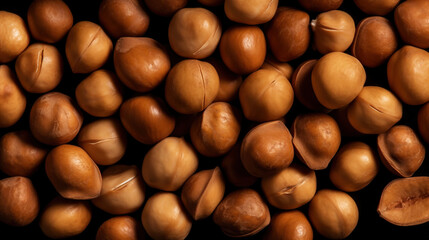 Large group of Macadamia nuts background. Food backdrop. Generative AI