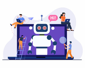 Tiny people chatting with chatbot, artificial intelligence robot assistant, online customer support.
