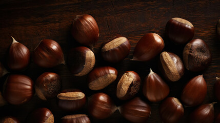 Top view on heap of chestnuts. Pile of ripe chestnuts for food background. Generative AI