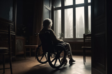 Fototapeta na wymiar Senior woman sitting on the wheelchair alone, AI