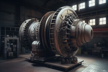 Fototapeta na wymiar assembling and constructing turbines in a modern industrial factory, AI
