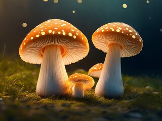 Combined with a bokeh background, three mushrooms are lying on the ground. Generative AI.