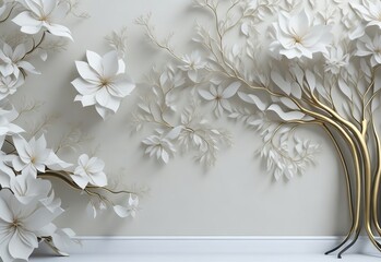 Background of a flowery tree in 3D with white flowers and golden stems. interior wall furnishings. Generative AI.