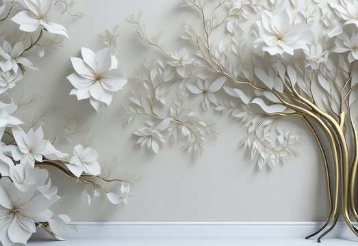 Fototapeta Background of a flowery tree in 3D with white flowers and golden stems. interior wall furnishings.