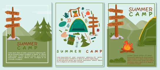 A set of posters for summer camping, travel, trip, hiking, tourist, nature, travel, picnic. Design of a poster, banner, leaflet, cover, special offer, advertisement. Vector illustration in a flat styl