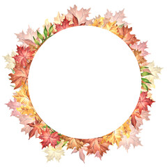 Watercolor frame with autumn leaves. Hand drawn yellow, red, golden maple leaves. Autumn, inscription, postcard.