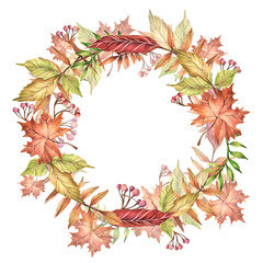 Watercolor wreath. Autumn leaves, twigs with berries, plants. Postcard, inscription.
