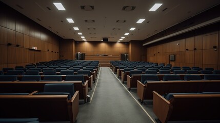Illustration of spacious hall for lectures and presentations. Big conference room indoor background. AI generative image.